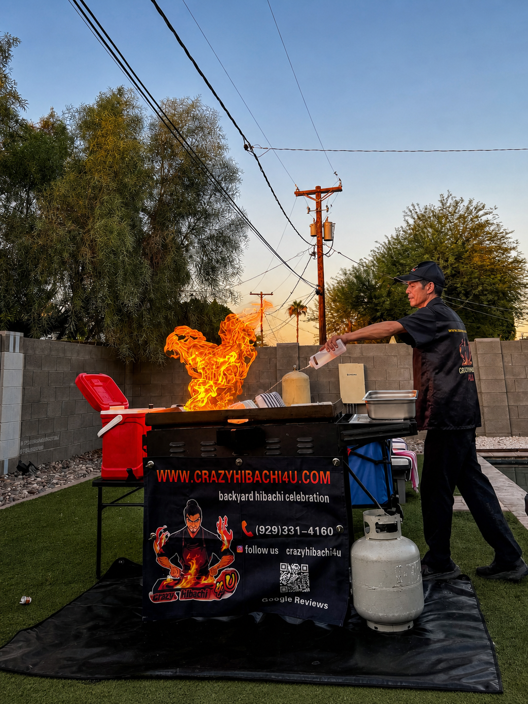 Private hibachi chef flame show in a spacious Buckeye backyard